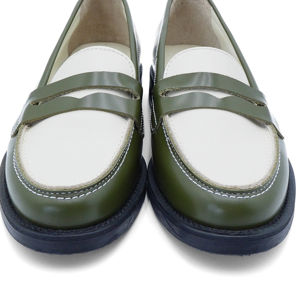 NWT DUKE + DEXTER Women's US 7/UK 5 Olive Green White Leather Penny Loafer Shoes - Picture 3 of 11